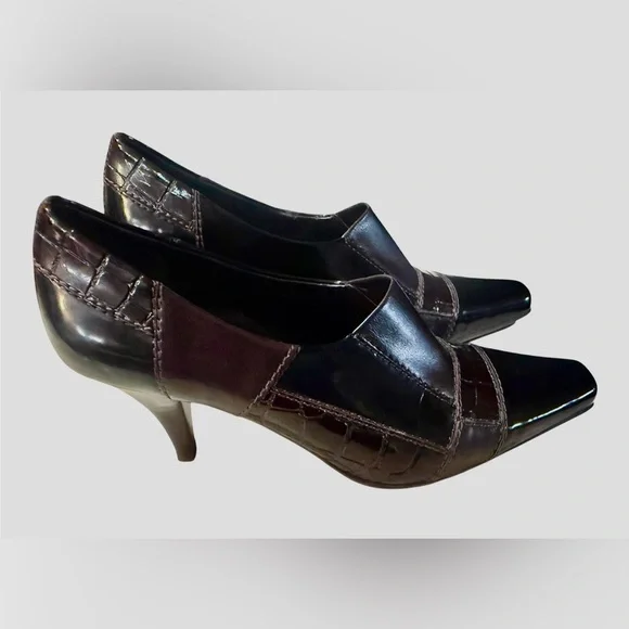 Franco Sarto Black and Brown Heels Croc Embossed Heel/Booties 💕 - Picture 10 of 10
